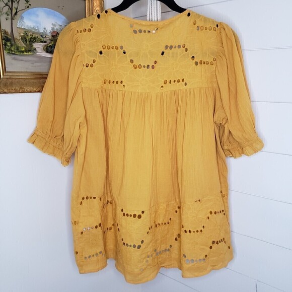 Umgee New Mustard Eyelet Floral Embroidered Boho Short Sleeve Top M - Picture 5 of 10